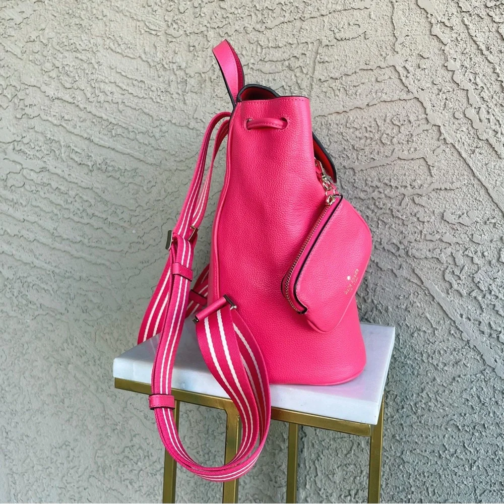 KATE SPADE Pink Leather Rosie Medium Flap Backpack w Keychain Pouch Stripe Strap